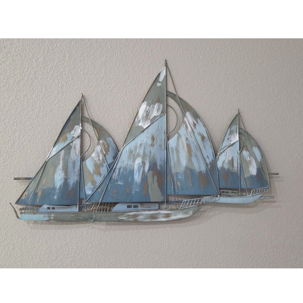 Glitzhome Blue Metal Sailboat Wall Art Nautical Coastal Decor Rustic 32 In